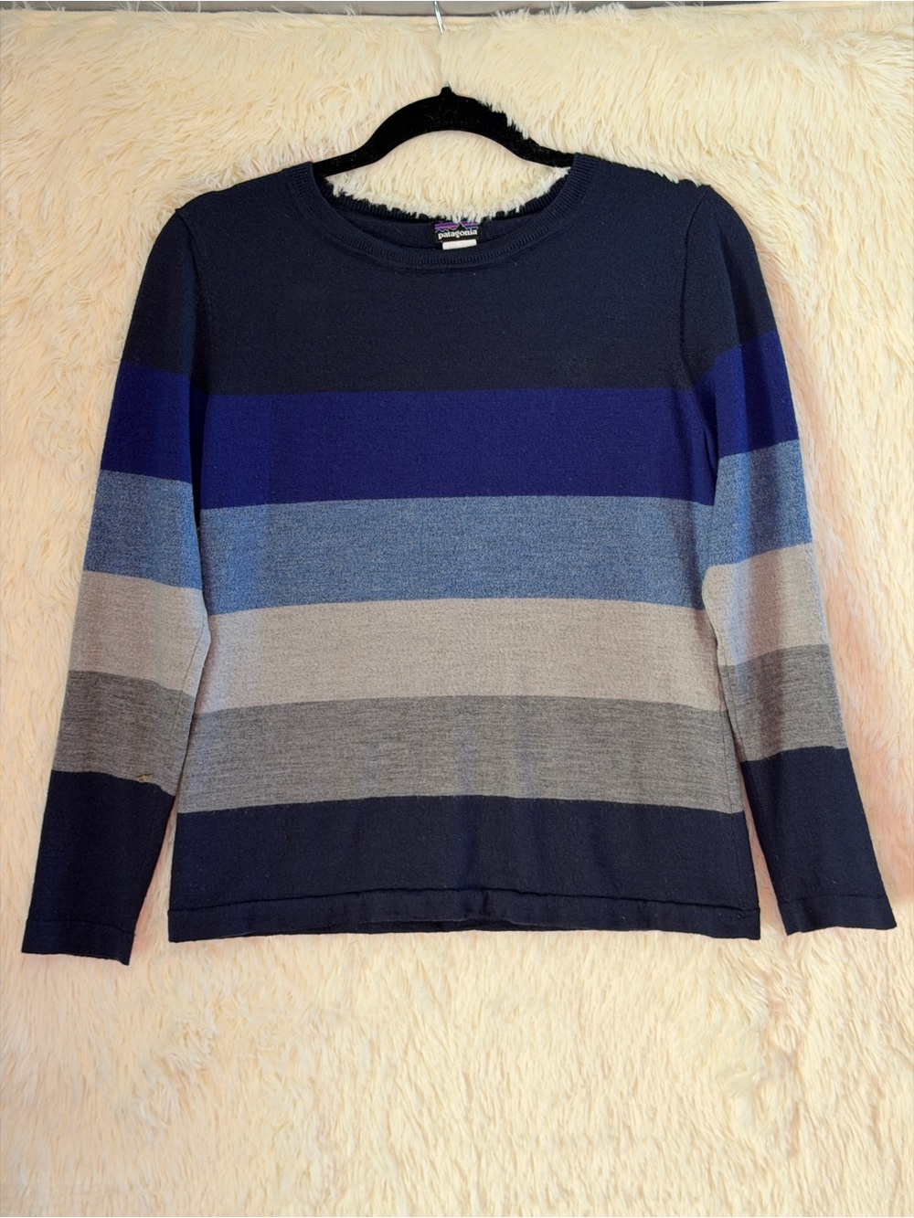 Vtg Patagonia Womens Merino Wool Stripe Sweater XL Blue Granola Gorpcore READ